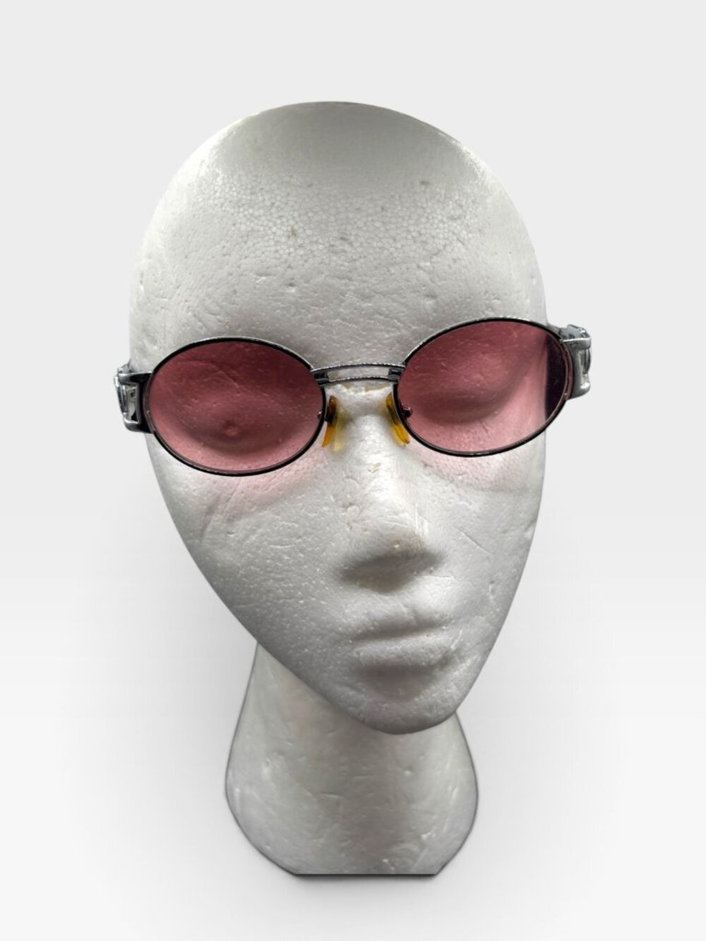 Vintage Round Pink Lens Sunglasses With Silver Frames & Black Temples Decorative